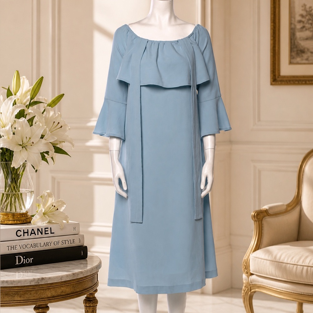 Ganni Beautiful Blue Dress Three-Quarter Sleeve w/ Bateau Neckline - Sz Small